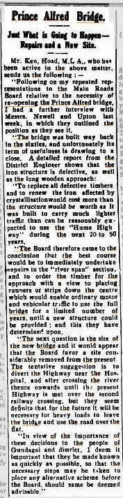 Prince Alfred Bridge Newspaper 11mar1930